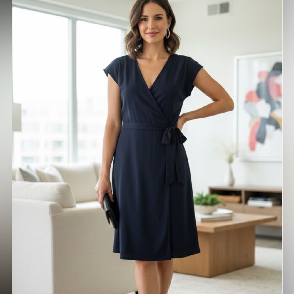 NEW 8 Banana Republic Navy Blue flutter sleeve Tie wrap knee-length dress